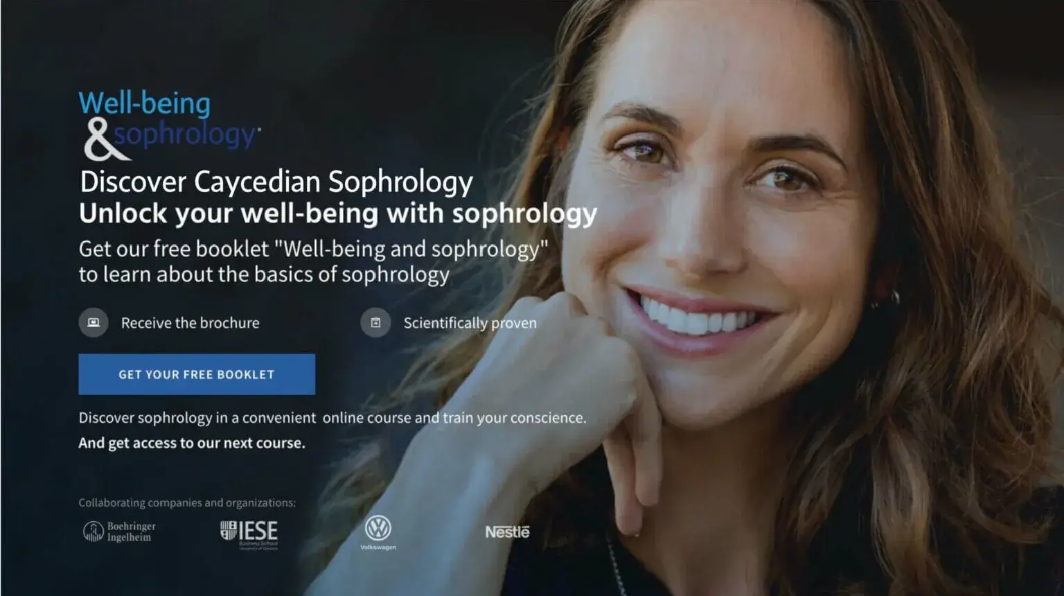 Smiling woman get our free booklet Well Being and Sophrology to learn about the basics of Caycedian Sophrology